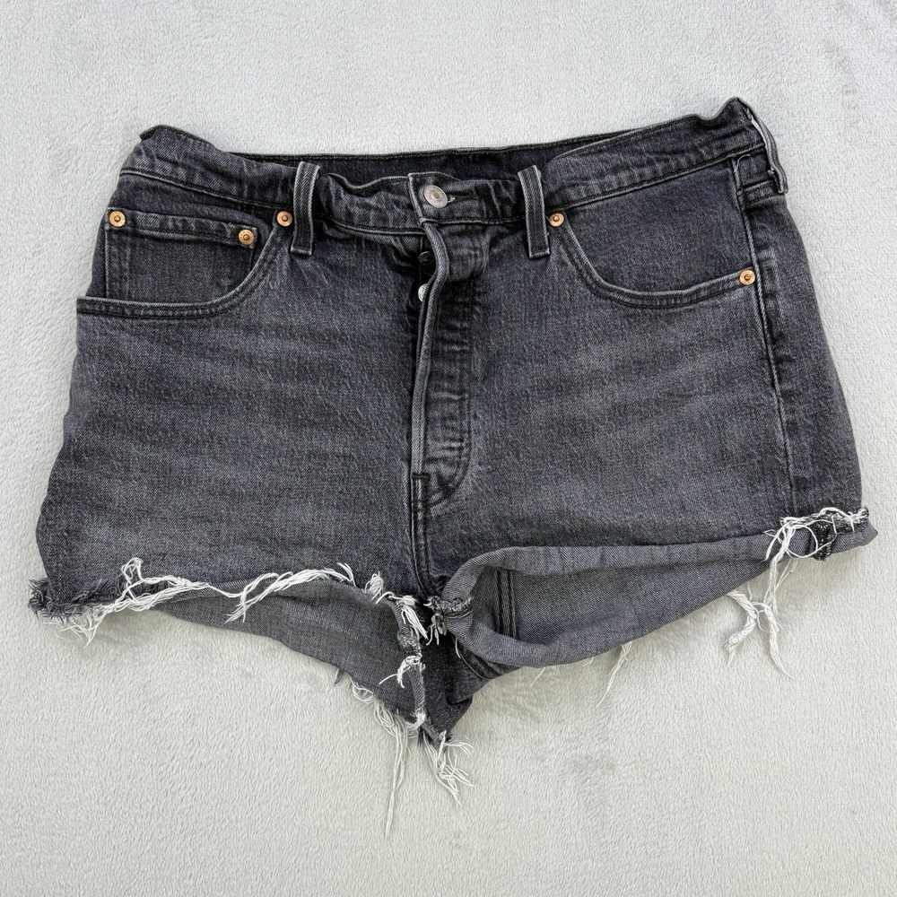 Levis Jean Shorts Womens 32 Black 501 Faded Stretch Denim Button Fly Whisker